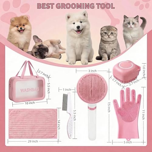 6PCS Dog Bath Kit & Dog Brush Kit for Dogs & Cats - Professional Pet Grooming Tools Set with Shedding Brush, Bath Scrubber, Dematting Comb & Storage Bag - Complete Dog Washing Essentials, Pink - color: 6PCS-Pink