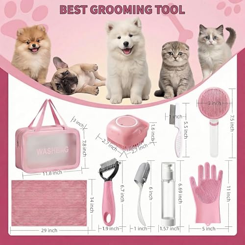 9PCS Dog Bath Kit & Dog Brush Kit for Dogs & Cats - Professional Pet Grooming Tools Set with Shedding Brush, Bath Scrubber, Dematting Comb & Storage Bag - Complete Dog Washing Essentials, Pink - color: 9PCS-Pink