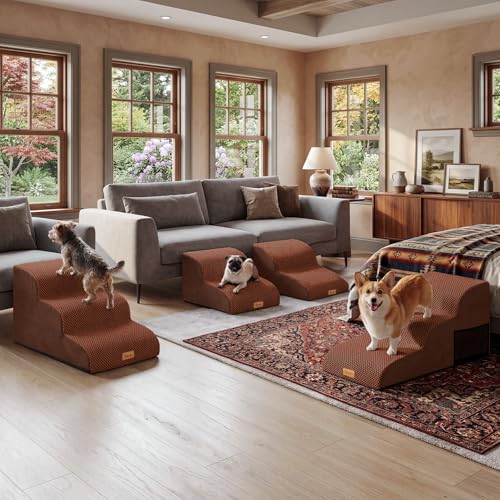 Topmart High Density Extended Foam Dog Ramp&Steps 3 Tiers,15.7" High | Non-Slip Dog Stairs with Removable Cover,Soft Foam Pet Ladder,Best for Injured,Older Cats,Pets with Joint Pain - color: Brown, size: 33.1*15.7*15.7