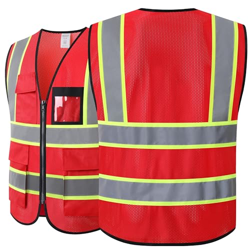 Reflective Safety Vest for Men Women Hi Vis Vest with 8 Pockets High Visibility Mesh Reflective Vest Meets ANSI/ISEA Standards (Red-07,Medium) - color: Red, size: Medium