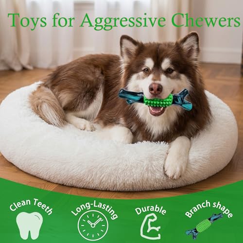 Dog Chew Toys for Aggressive Chewers, Rubber Branch Bone & Durable Nylon Dog Bones with Beef Flavor, Indestructible Dog Toys for Medium Large Dogs,Clean Teeth - color: 03-dark green