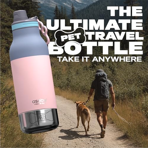 Asobu Buddy Bottle a 스테인리스 스틸 단열 물병, 탈착식 개 물병 및 개 사료 및 간식 보관 그릇 포함 (파스텔 핑크, 963.9g(34온스) - color: 파스텔 핑크