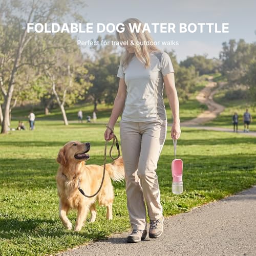 Foldable Dog Water Bottle, Leak Proof Portable Pet Water Dispenser for Dogs and Cats, One-Hand Travel Water Bottle for Walking Hiking Outdoor Use (350ml, Pink)