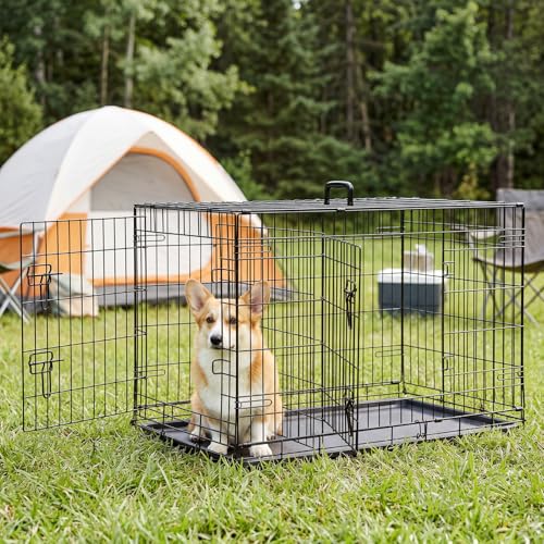 Sweetcrispy Large Dog Crate, 37 Inch Double Door Folding Metal Wire Dog Cage with Plastic Leak-Proof Pan Tray, Pet Kennel for Indoor, Outdoor, Travel