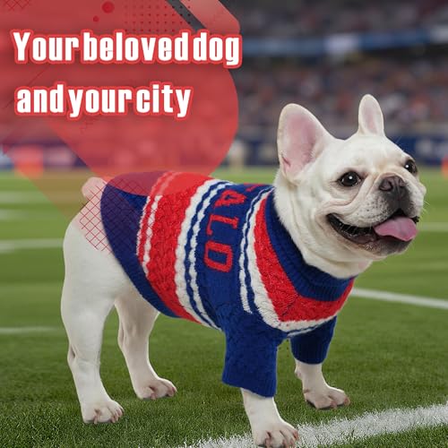 Buffalo Small Dog Sweater Football Theme Turtleneck Knit Dog Sweaters for Small Pets Warm Winter Cat Dog Clothes - color: blue&red, size: Small