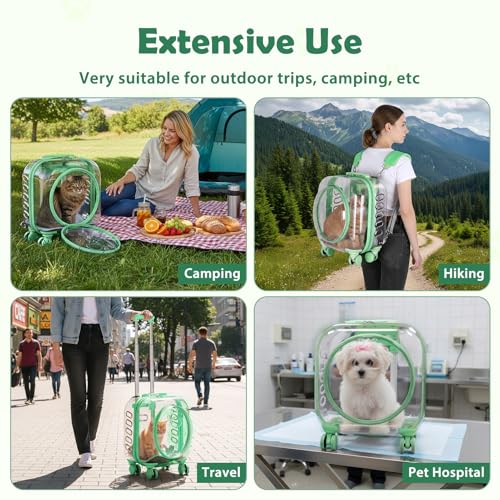 Cat Carrier with Wheels & Detachable Strap – Rolling Pet Trolley with Telescopic Handle, Transparent Hard Shell, Silent Wheels, Ventilated Design for Travel, Walking, Vet Visits for Small - color: Green