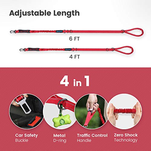 IOKHEIRA Multifunctional Dog Leash for Medium & Large Dogs - Red Adjustable With Car Seatbelt, 4-6 FT Strong Bungee - color: Red