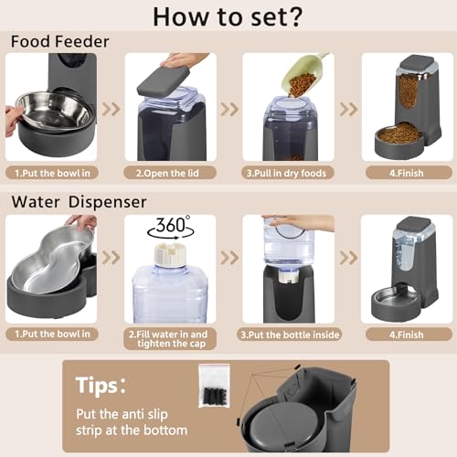 2 Pack Automatic Cat Feeder and Gravity Stainless Steel Water Dispenser, Dog Food Feeder and Waterer Set for Small Medium Puppy Kitten Pets (1 Gallon x 2, Gray) - color: 1 Gallon x 2 - Gray
