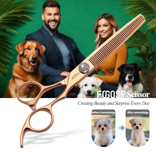 7'' Dog Grooming Scissors Set Rose Gold Titanium 4PCS Curved Thinning Straight Chunkers Shears Kit with White Artificial Diamonds Ergonomic Offset Handle Japan 440C Sharp and Durable - size: 7.0 inch, style: Dog Scissors Kit