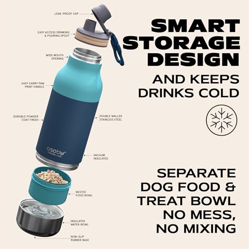 Asobu Buddy Bottle a Stainless Steel Insulated Water Bottle for with Removable Dog Water Bowl and Dog Food and Treat Storage Bowl (Pastel Green, 34 Oz) - color: Pastel Blue