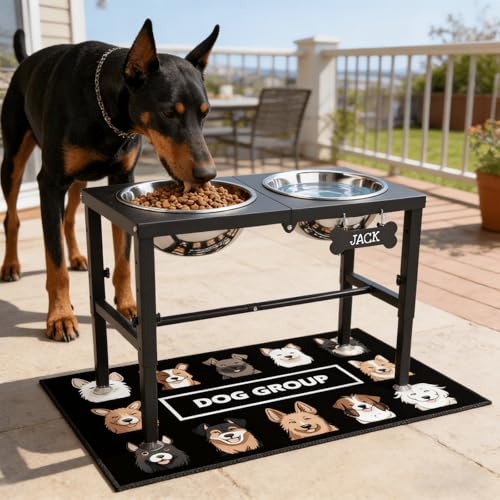 SHAINFUN Elevated Dog Bowls with Mat for Large & Extra Large Dogs, Raised Dog Bowl Stand with Two 101oz Stainless Steel Bowls, Tall Dogs Food Water Bowl Holder - color: Black-3L