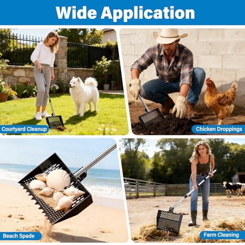 12-Inch 2-in-1 Chicken Poop Scooper & Rake, Chicken Coop Scoop with Adjustable Stainless Steel Handle (24–64"), 3 Angles & 2 Sifting Holes, Litter Scoop Sand Sifting Shovel Pooper Scooper (Black) - color: Black