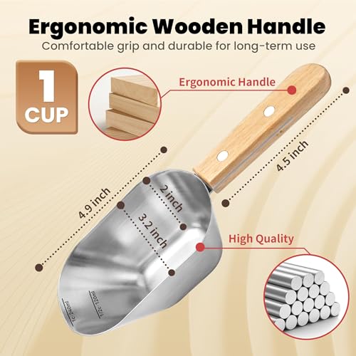 Dog Food Scoop 1 Cup with Clear Measurement Lines, Food Measuring Cup with Long Wooden Handle, 304 Stainless Steel Pet Food Scoop for Dog Cat Food, Coffee, Flour
