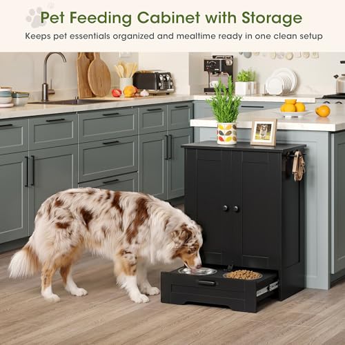 Dog Feeding Station with Storage Cabinet, Black Wood Dog Cabinet with 2 Elevated Stainless Steel Bowls, Hidden Pull-Out Feeder Drawer, Pet Feeding Station for Kitchen and Living Room - color: Black