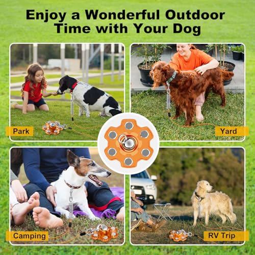 Dog Tie Out Stake, 360° Swivel Stake No Tangle, Heavy Duty Tether for Yard (No Cable) with 6 Strong Screw Anchors Hold up to 180 lbs of Pull Force, Dog Runner for Outside Camping Yard, Orange - style: Only Dog Stake