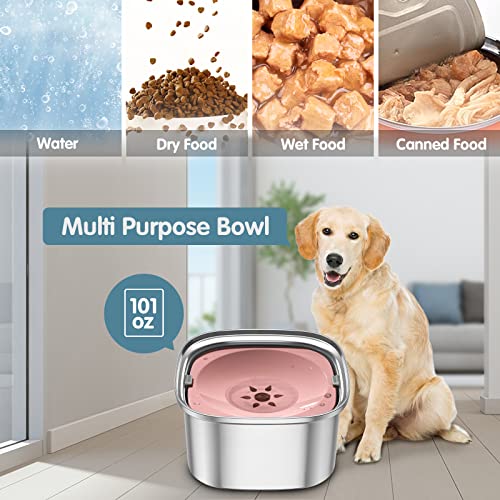 UPSKY 3L Dog Water Bowl 101oz Stainless Steel No Spill Large Capacity Dog Food Water Bowl Slow Water Feeder, Spill Proof Pet Water Dispenser Vehicle Carried Travel Water Bowls - color: G-Pink