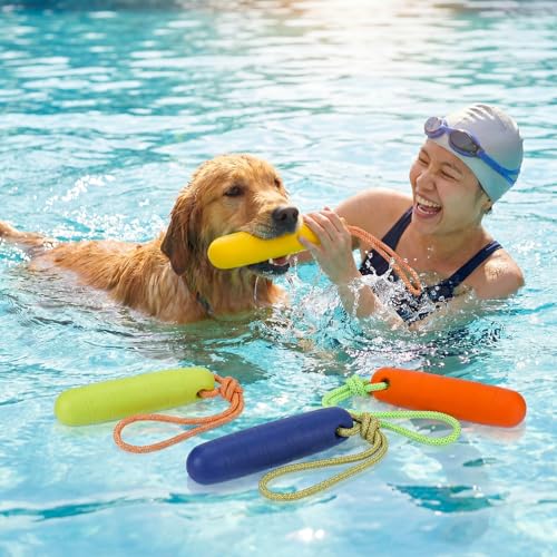 Skylety 4 Pack Floating Dog Toys with Rope Handle EVA Dog Bumper Throw Stick for Water Training Fetch Retrieving High Visibility Pool Water Toys for Beach Diving Pool Yard Summer Outdoor Play - style: Cylinder