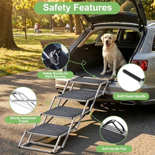 Dog Stairs for Large Dogs, 20" Extra Wide Folding Dog Ramp for Car SUV Truck, Lightweight Dog Steps with Non-Slip Surface & Aluminum Frame, Portable Pet Stairs Supports up to 250 lbs, 4 Steps - size: 20*17 in