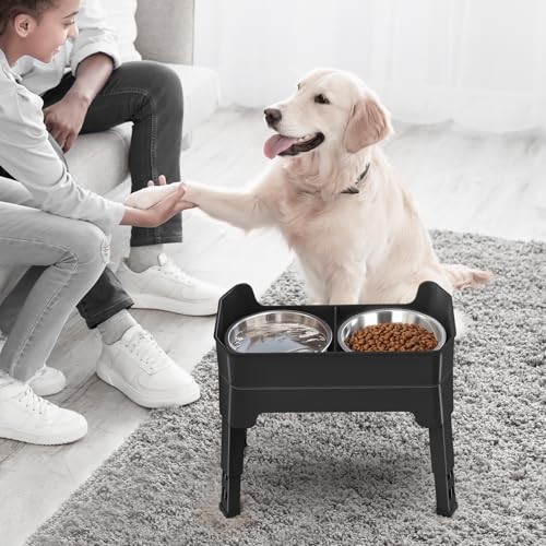 3-in-1 Elevated Dog Bowls Mess Proof Raised Slow Feeder Dog Bowls, 4 Height Adjustable Dog Bowl Stand Licking Plate with 2 56oz Stainless Steel Dog Food Bowls for Small Medium Large Dogs Pets - color: Black, size: 2 Stainless Steel Bowls + Slow Feeder
