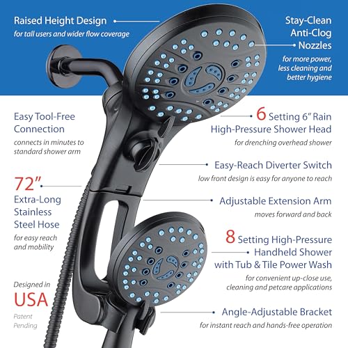 Hotel Spa AquaCare for California As-Seen-On-TV High Pressure Handheld Rain 50-mode 3-way Shower Head Combo with Adjustable Arm, Anti-clog Jets, Tub & Pet Power Wash, 6 ft. Hose, Rubbed Bronze - color: Oil Rubbed Bronze, style: 1.8 Gallons Per Minute