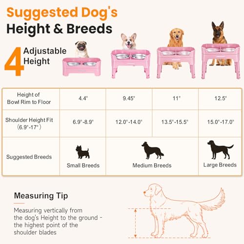 URPOWER 3-in-1 Elevated Dog Bowls - Mess Proof Double Deck 4 Height Adjustable Raised Stand with 2 Stainless Steel Food Bowls & Licking Plate for Small, Medium & Large Dogs - color: Pink, size: Large