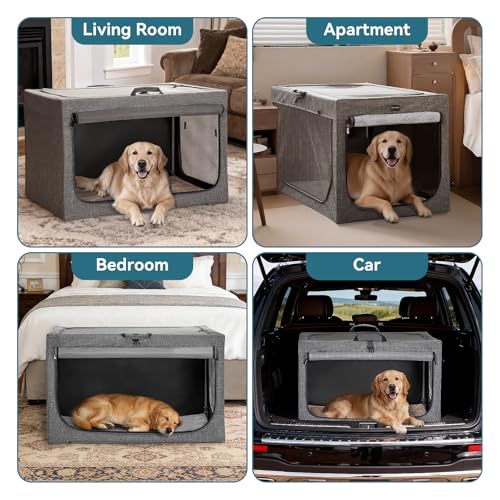 PETSFIT Portable Dog Crate for Medium Large Dogs, – 36" Soft Dog Travel Crates with Lockable Zippers & Thicken Mat, Adjustable Patented Spiral Steel Frame, Collapsible Kennel for Indoor & Outdoor