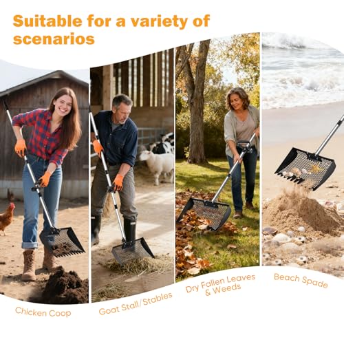 12inch Chicken Poop Scooper & Rake 2-in-1, Heavy Duty Metal Chicken Coop Scoop for Sand with Ergonomic Grip, Adjustable Angle Stainless Steel Chicken Coop Rake Litter Sifting Shovel (37-64") - color: Black