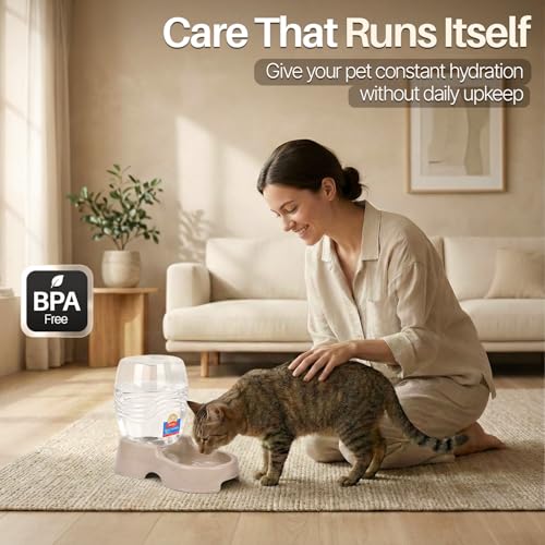 Flexzion Automatic Gravity Pet Waterer for Cat & Dog - Non-Skid & Easy-Clean Auto Replenish Water Dispenser Drinking Bowl (3/8 Gallon / 1.5L), Beige - color: Beige, size: 1.5 L
