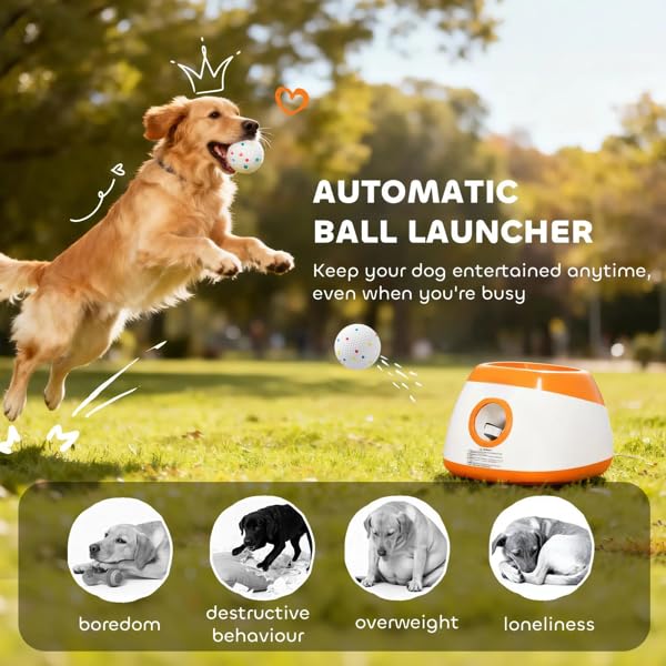 Automatic Dog Ball Launcher for Medium to Large Dogs, 3 Distance Settings & Random Mode, 5200mAh Battery, 98ft Remote Control, Includes 6 ETPU Balls, Orange White