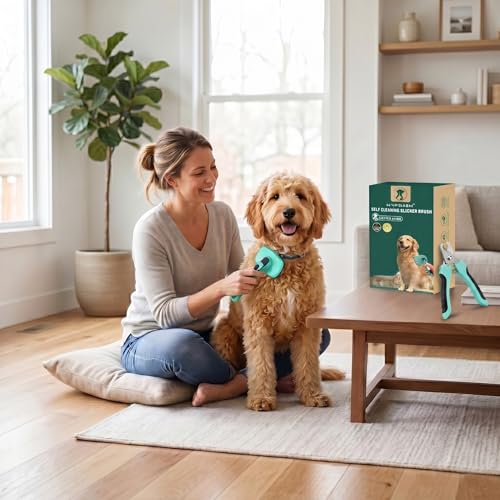Self Cleaning Slicker Brush & Nail Clippers for Dog and Cats | 2 Pcs, Shedding Long and Short Haired Pets, Skin Friendly, Deshedding Grooming Tool - color: Green 2pc