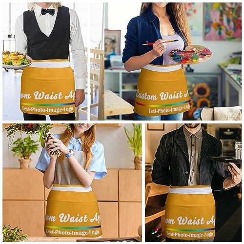 sophiehome Custom Waist Apron with Pockets Add Photo Logo Name Personalized Waiter Server Short Aprons for Kitchen - color: Gold