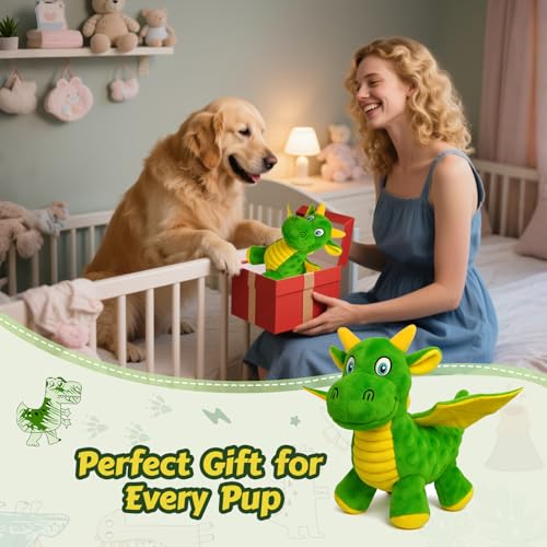 Squeaky Dog Toys - Soft Plush Dragon Dog Toy with 5 Squeakers & Crinkle Paper, Dog Toys for Small, Medium and Large Dogs to Keep Them Busy (Green,10") - color: Green