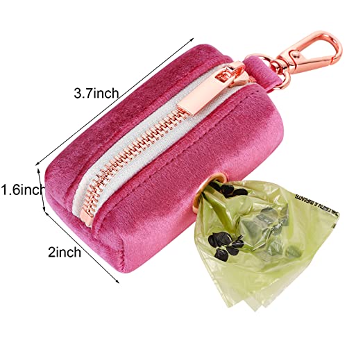 ARING PET Dog Poop Bag Holder, Velvet Doggy Waste Bag Dispenser Attach to Any Leashes, Portable Washable Pet Waste Pouch Dispenser with Metal Zipper - color: A:Rose red