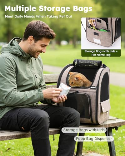 pecute Cat Backpack Expandable, Cat Backpack for Cat with Breathable Window - color: Brown, size: 12.6"L x 10.2"W x 16.5"H