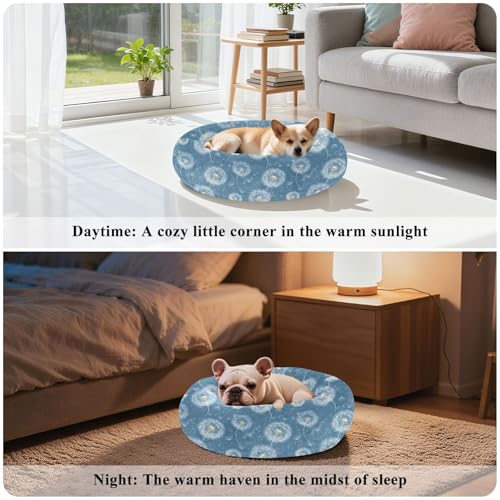 Calming Donut Dog Bed Blue Dandelions Seed Design, 22" Washable Pet Lounger with Removable Cover, Cozy Cushion Comfort Nest for Medium Dogs - size: Medium