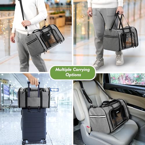 Soundy Large Cat Carrier Dog Carrier Under 25 Lbs,Collapsible Ventilated Portable Pet Bag with Soft Sided Breathable Mesh for Long Car Trips Maxi Load 2 Kittens or Small, Medium Dog (Large Grey) - color: Grey