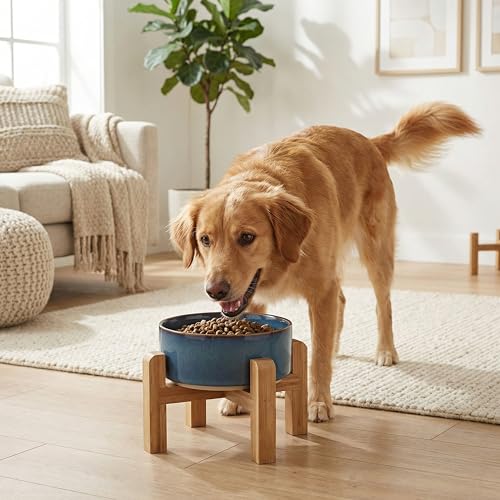 hjn Elevated Ceramic Dog Bowl with Bamboo Stand, Raised Pet Feeding Station for Small Medium Dogs Cats, Modern Design with Anti-Slip Base (Deep Blue, 3.6Cup) - color: Deep Blue, size: 3.6Cup
