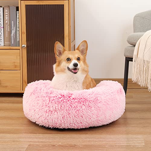 NOYAL Calming Donut Dog Bed for Small to Medium Dogs & Cats - Plush Faux Fur Anti-Anxiety Pet Bed with Machine Washable Cover & Non-Slip Base - color: Gradient Pink, size: Large 27.5''