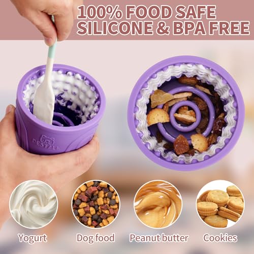 Dog Lick Bowl, Bestalk Anxiety Relief Slow Feeder Dog Lick Mat Treat Dispenser, Non-Slip Dog Licking Bowl Dog Enrichment Toys for Small Medium and Large Breed Dogs, BPA Free Silicone(Purple,S) - color: Purple, size: S