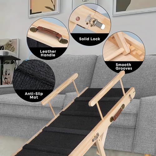 Wooden Dog Ramp for Bed – Folding Pet Ramp for Couch | Collapsible Wooden Pet Ramp, 4 Adjustable Heights, Non-Slip High Traction Fabric Surface, Portable Solid Pine Wood Steps - size: Medium