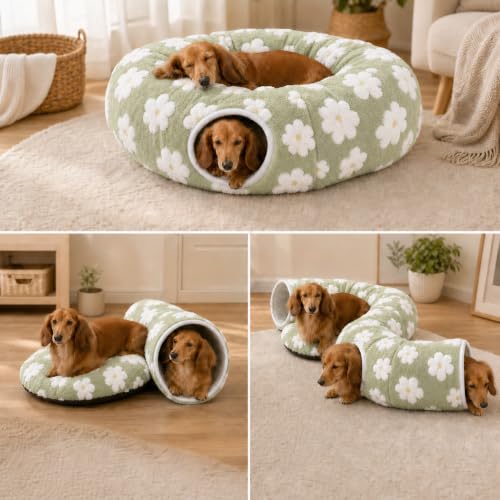 SnugTail Dachshund Tunnel Bed, Flower Design Plush Foldable Dog Cave Bed for Anti-Anxiety, Washable Covered Bed for Miniature Dachshunds, Puppies, Cats, Self-Warming Mat