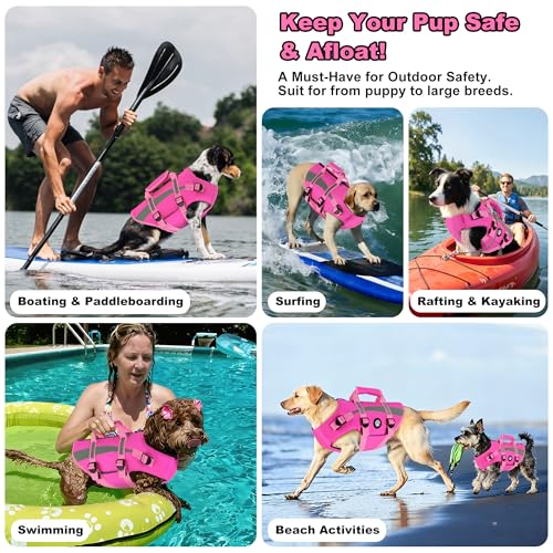 Dogcheer Dog Life Vest High Buoyancy Safety Jacket with Rescue Handle, Dog Swim Vest with Zipper, Reflective Adjustable Dog Flotation Vest for Water Swimming Boating - Pink, M - color: Pink, size: Medium