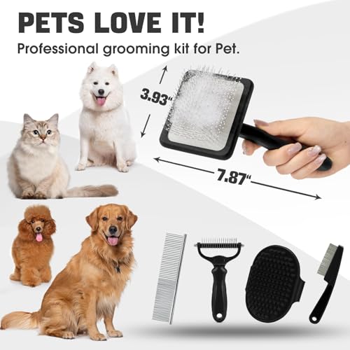 Bonteck Dog Slicker Brush for Dogs Grooming Kit 5PCS | Large Dog Brush for Goldendoodles Poodles Doodles | Long Pin Haired Brush | Poodle Brushes and Comb (Black) - color: Black