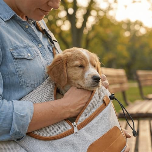 Hands-Free Sling Pet Carrier for Cats and Small Dogs up to 7lbs – Travel Set Includes Foldable Water Bowl & ID Card – Breathable Mesh, Safety Hook & Adjustable Padded Strap for Walking & Travel - color: Beige