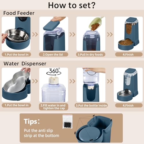 2 Pack Automatic Cat Feeder and Dog Food Feeder, Gravity Stainless Steel Water Dispenser and Waterer Set for Small Medium Puppy Kitten Pets (1 Gallon x 2, Navy Blue) - color: 1 Gallon x 2 - Navy
