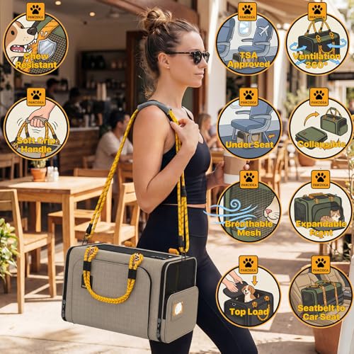 PAWZIDEA Expandable Pet Carrier Airline Approved, 18"×11"×11" Small Dog Carriers, Collapsible Top-Load Cat Carrier for 2 Cats Under Seat, Soft-Sided Puppy & Animal Travel Bag, ID Card, Up to 15lbs - color: Khaki Plaid, size: 18.0"L x 11.0"W x 11.0"H