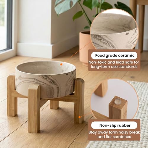 hjn Elevated Ceramic Dog Bowl with Bamboo Stand, Raised Pet Feeding Station for Small Medium Dogs Cats, Modern Design with Anti-Slip Base (Marble Brown, 3.6Cup) - color: Marble Brown, size: 3.6Cup