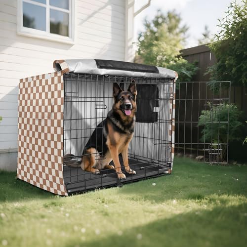 Netural Checkerboard Dog Crate Cover 600D Oxford Pet Kennel Cover with Mesh Window for Dog Cages, Windproof Waterproof Machine Washable, 48"x30"x33" - size: 48"x30"x33"