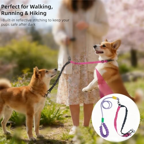 Heavy Duty Double Dog Leash for 2 Large Dogs, 5ft Shock Absorbing Bungee with 360° No Tangle Swivel, Reflective Dual Pet Leash with Comfort Grip for Walking Running Hiking