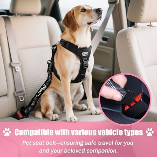 IBWell Dog Seat Belt,3 Piece Set Retractable Dog Car Harness Adjustable Dog Seat Belt for Vehicle Nylon Pet Safety Seat Belts Heavy Duty & Elastic (Black & Pink) - color: Black & Pink
